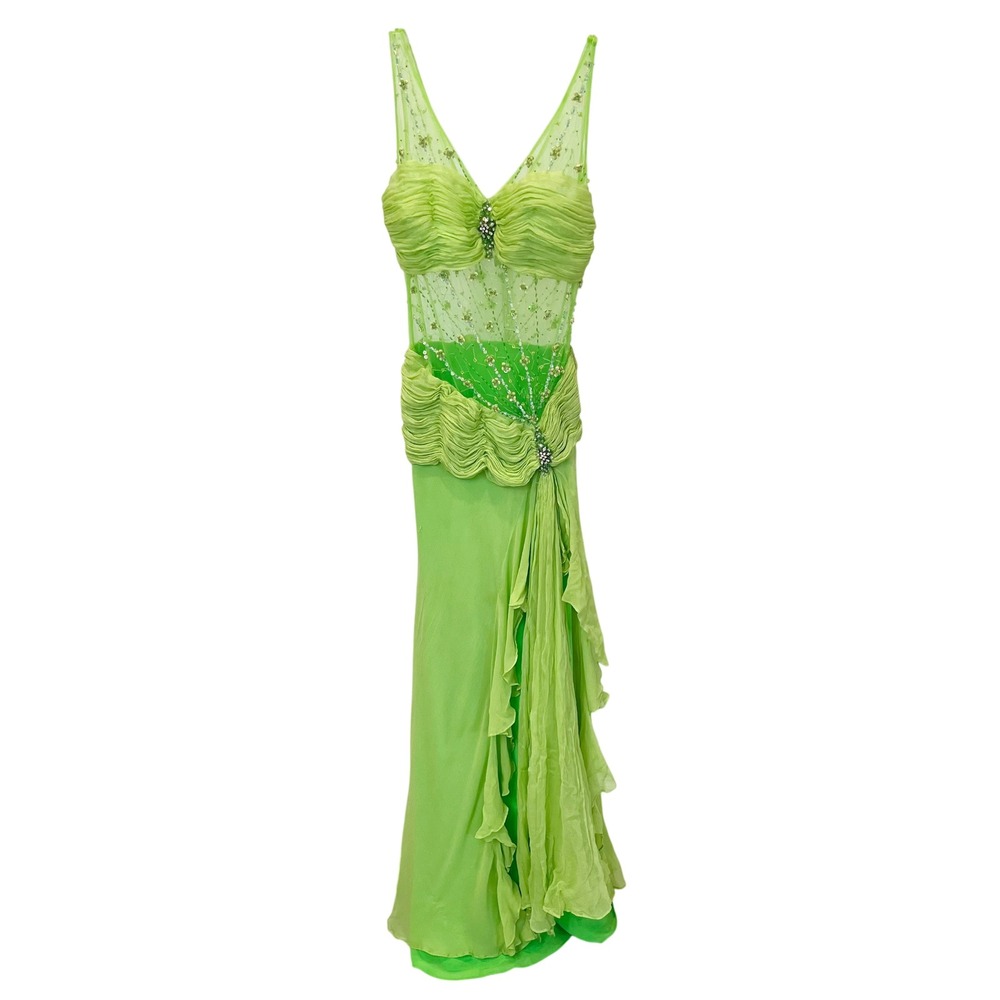Lime Green Beaded Sequin Ruffle Evening Gown Sheer Mesh Formal Dress Size XS/S